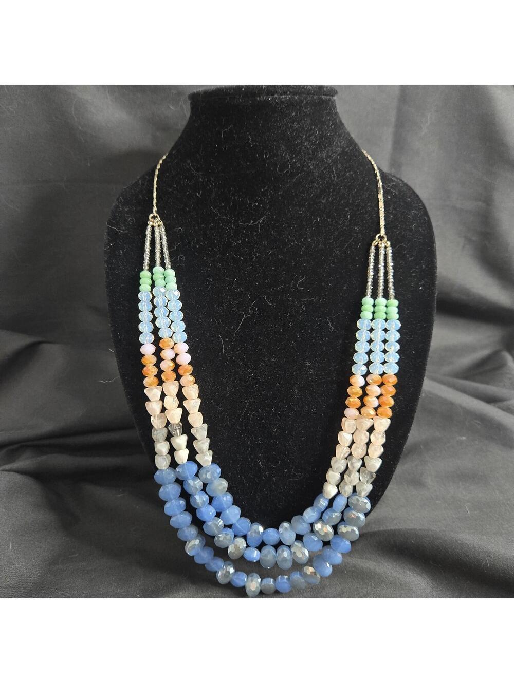 Ann Taylor Loft Multi Strand Long Necklace Glass Crystal Beaded Blue Pink Pastel
